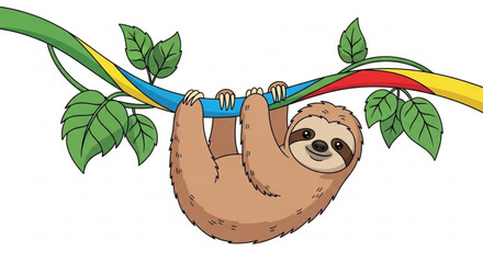 A charming cartoon illustration of a sloth hanging from a colorful branch, , showcasing its relaxed and adorable nature