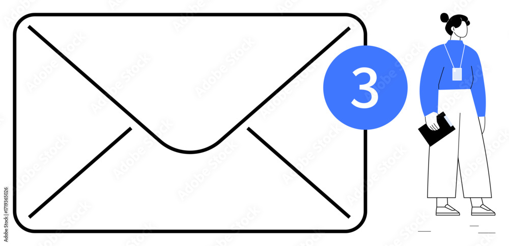 Poster large envelope icon with notification badge, indicating three new messages, next to a professional w
