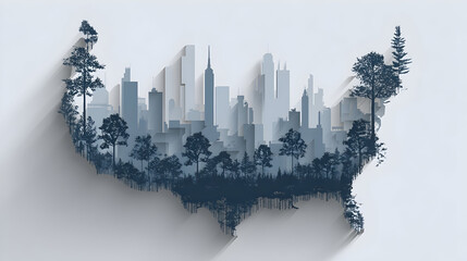 Fototapeta premium Paper Cutout Map of the United States with City Skylines and Forests