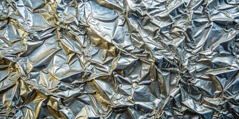 Close up texture of crumpled shiny silver aluminum foil abstract background