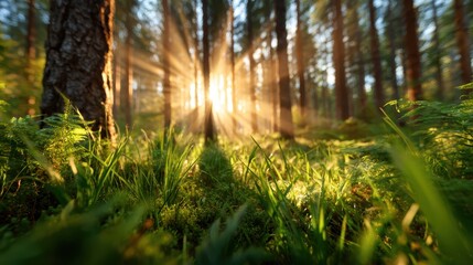 A breathtaking scene of sun rays filtering through tall trees in a dense forest, highlighting the beauty of nature and the peaceful ambiance of the wilderness.