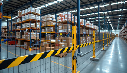 Warehouse safety fencing aisle with stacked cardboard box pallet storage and bright lighting