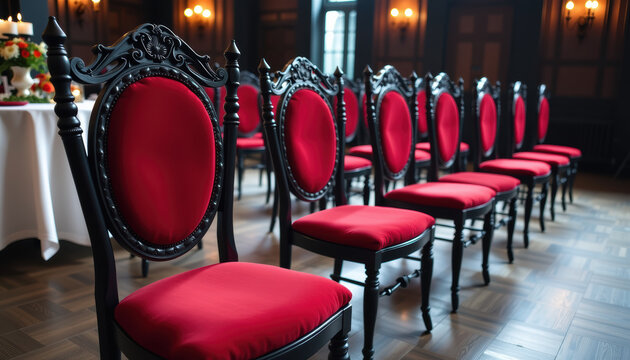 Ornate black wooden chair red upholstered seat red upholstered back banquet chair gothic chair - Powered by Adobe