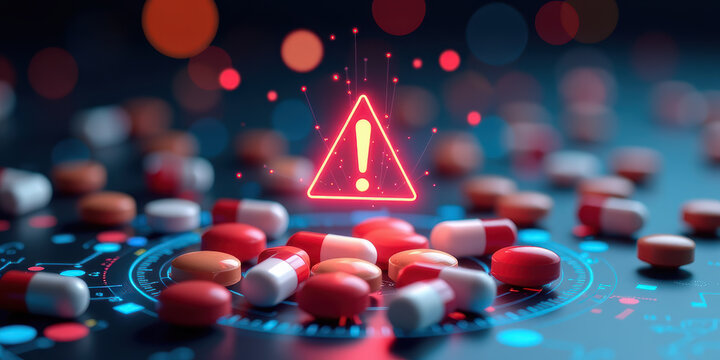 Red capsule warning icon pill medicine healthcare medical alert danger digital capsule pill
