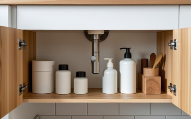 Fototapeta premium Minimalist bathroom cabinet shelf with soap dispenser and jars exuding calm