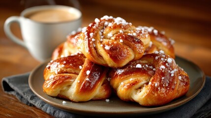 A delectable selection of golden, glazed Danish pastries displayed beautifully on a rustic plate, perfect for coffee lovers seeking a sweet treat that complements their morning brew.