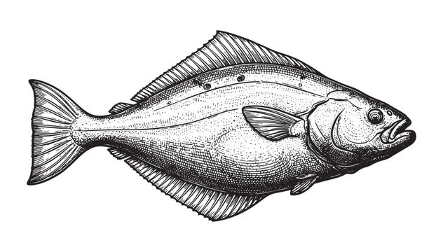 Halibut fish, engraving vector style