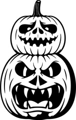 Stacked pumpkins with skull and fang faces, spooky