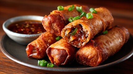 A plate of golden crispy spring rolls garnished with green onions served alongside a small bowl of sweet dipping sauce, offering a delicious appetizer experience.