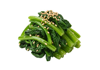 Close-up of a vibrant pile of seasoned spinach, adorned with sesame seeds, showcasing a rich green hue against a black background.