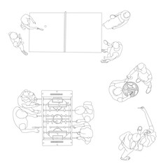 Vector top view people playing ping pong, table soccer, taking selfies and enjoying barbecue, CAD illustration set