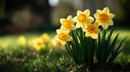 Fototapeta premium Bright yellow daffodils blooming in a garden. Symbol of spring and renewal.