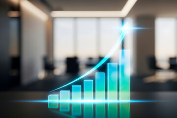 Glowing arrow pointing upward on business bar chart. Financial growth and success concept for investment analysis. Office background