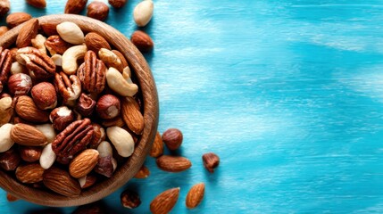 A beautifully arranged bowl of assorted nuts including pecans, almonds, and cashews, set against a vibrant turquoise blue background, adding a fresh and healthy aesthetic.
