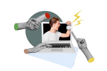 Creative collage picture young man scream stressed irritated alarm bell ringing deadline regime 3d hands body fragments gesture miss