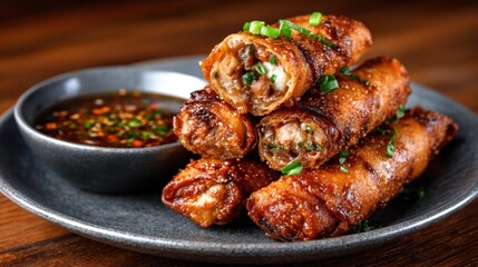 A gourmet presentation of crispy golden spring rolls stacked in a plate, garnished with green onions, served alongside a rich dipping sauce for an irresistible appetizer.