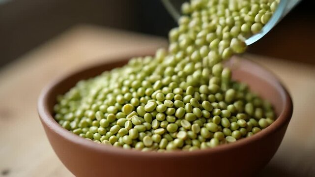 Pour raw green buckwheat into a plate. Fresh green buckwheat kernels fall into a clay brown bowl, close-up. Raw Healthy Organic Diet. The concept of healthy vegetarian eco food, diet.