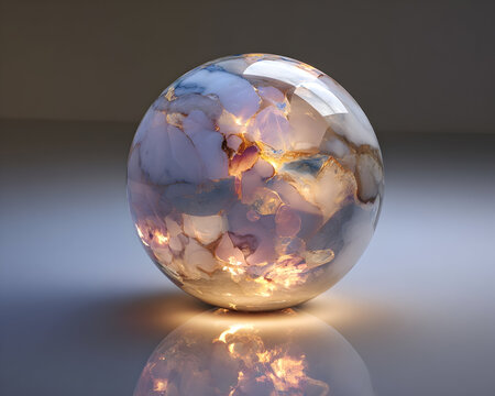 Glowing Orb with a Golden, Textured Core on a Reflective Surface