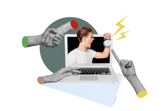 Creative collage picture young man scream stressed irritated alarm bell ringing deadline regime 3d hands body fragments gesture miss