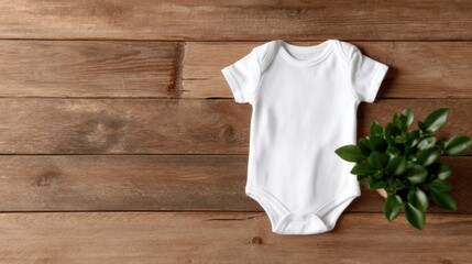 A charming image featuring a plain white baby onesie laid on a rustic wooden table, embodying simplicity and innocence in a modern, minimalist style.