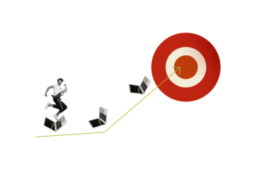 Creative trend collage of running entrepreneur netbook darts target marketing career success freak bizarre unusual fantasy