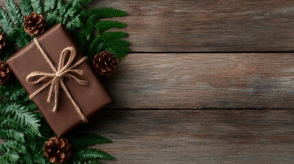 This image captures a beautifully wrapped gift adorned with natural decorations, showcasing a perfect blend of rustic charm and thoughtful presentation ideal for any special occasion.