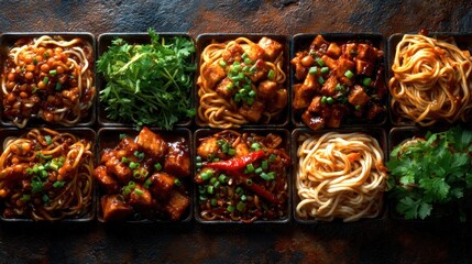 This stunning arrangement displays a variety of delicious Asian dishes, showcasing enticing noodles and flavors, perfect for highlighting culinary skills and delightful dining experiences.