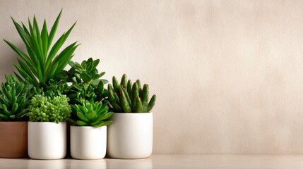 A stunning arrangement of various succulent plants in contemporary white pots, showcasing their vibrant green hues against a softly textured background with minimalist elegance.