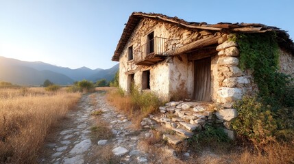 This serene image captures an abandoned stone house set against a picturesque landscape, showcasing the beauty of nature reclaiming human structures over time.