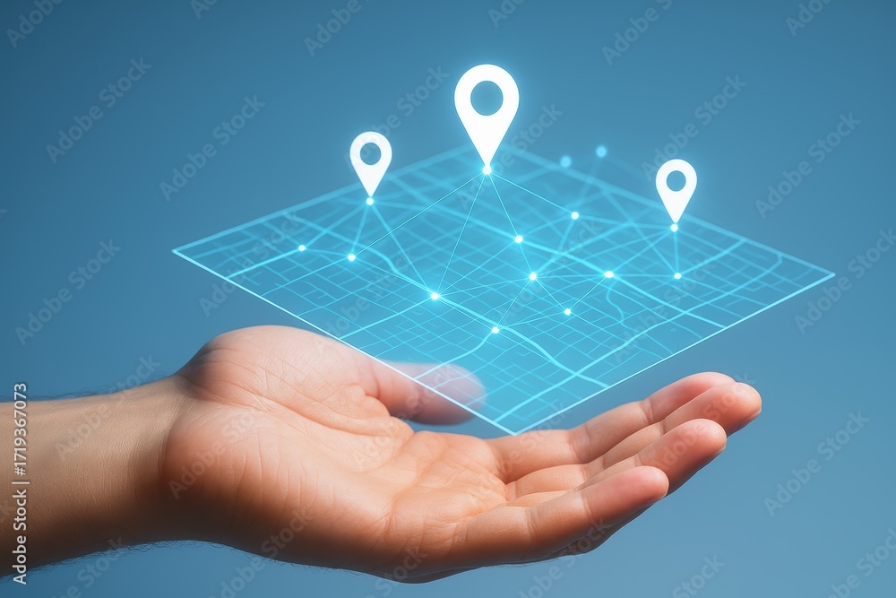 Poster hand holding location icons: a hand, with its palm facing upwards, holds a holographic map with loca