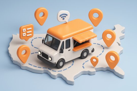 Mobile Culinary Marvel: A delightful food truck, brimming with culinary potential, ventures across a map, represented by various sign markers.