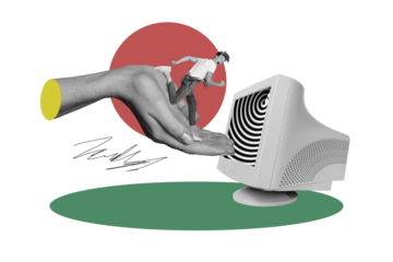 Composite photo collage of crazy scream guy run human palm brainwash hypnosis pc screen addiction scam isolated on painted background