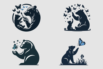 This is a vector image of a bear touching a butterfly, suitable for use in corporate designs, photo studios, videography, printing, product covers, food, drinks, forest products, content, posters, 