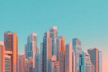 Urban skyline powered by mixed energy systems, peach orange and sky teal, clean-energy optimism 