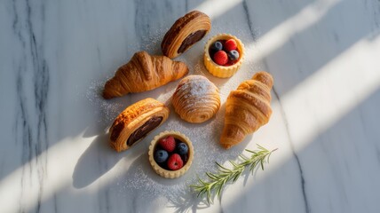 Assortment of Freshly Baked Croissants, Tarts, and Pastries with Berries