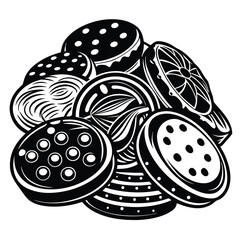 Diverse artistic cookie arrangement shows various styles with bold monochrome colors and patterns