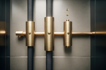 Vibration sensors installed on high-rise elevator shaft, charcoal and golden beige, construction focus 