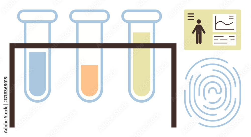 Poster test tubes in a rack with colorful liquids, fingerprint graphic, and a data chart. ideal for science