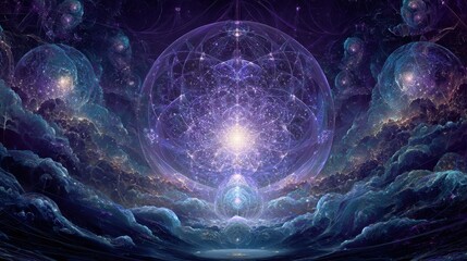 Obraz premium Celestial Sphere of Luminescence: An intricate depiction of a celestial sphere emanating radiant light, framed by swirling cosmic clouds.