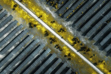 Wind energy farm with drone monitoring sensors, steel gray and chartreuse, aerial top-down shot 