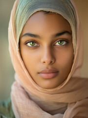 Fototapeta premium A captivating gaze: A portrait of a serene young Muslim woman with vibrant green eyes, framed by an elegant headscarf. Her expression conveys a sense of introspection and peace.