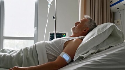 Senior man rests in hospital bed with advanced medical monitoring technology - Powered by Adobe