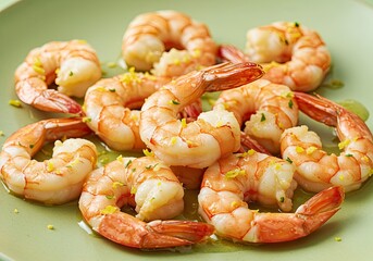 sauted shrimp with lemon butter sauce on light green 