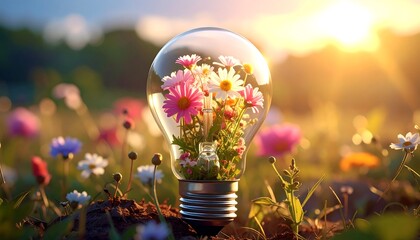 A bright lightbulb filled with colorful flowers sits in a vibrant, sunny meadow with a blurred background