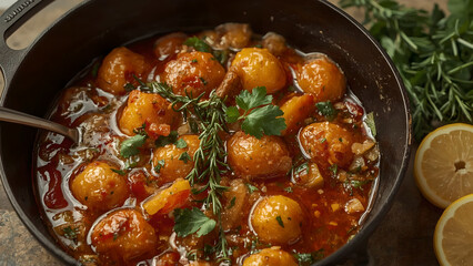Rustic French Ratatouille with Cherry Tomatoes and Herbs in Cast Iron Pan