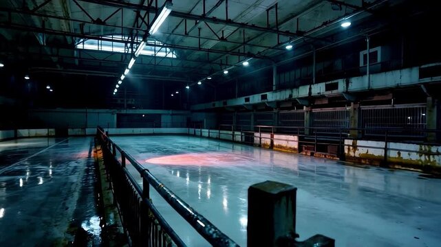 A derelict skating rink, an eerie atmosphere, horror, suspense, mystery, liminal space