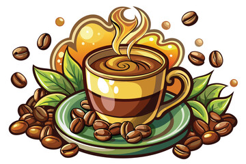 Steaming coffee fills the cup surrounded by coffee beans and leaves for an energetic start