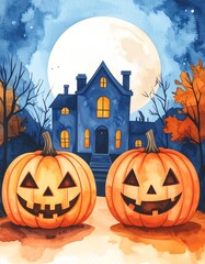 Fototapeta premium Minimalist abstract Halloween pumpkins in front of haunted house, watercolor illustration