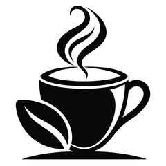 Black and white presents coffee cup with rising steam and coffee bean