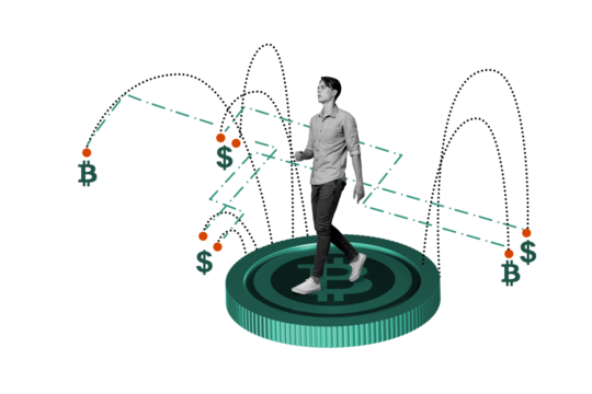 Composite photo collage of serious young man miner walk bitcoin huge coin token dynamics funds rich earnings isolated on painted background